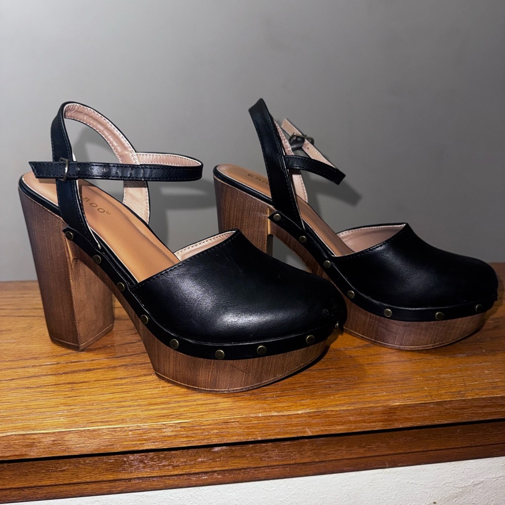 Bamboo Black Leather Platform Heels